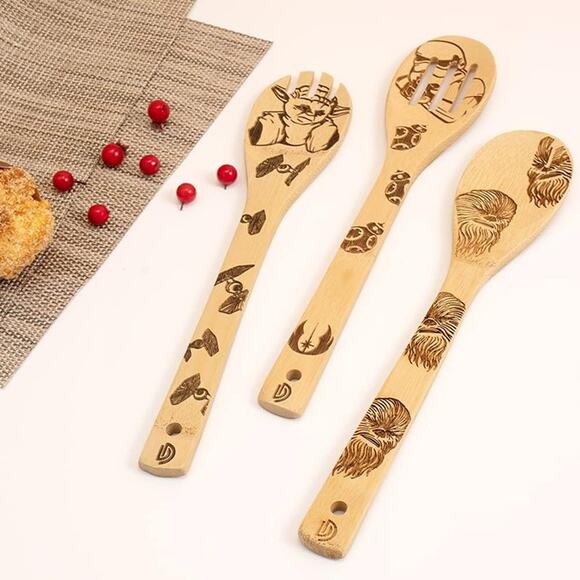 5 PCS Star War Burned Wooden Spoons Cooking Organic Spoons Turner Carved Spatula - Picture 6 of 7
